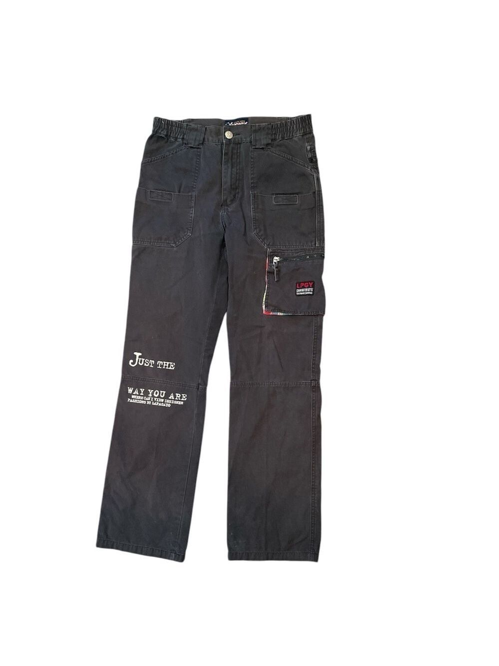 LAPAGAYO W28” black straight leg vintage distressed graphic cargo pants